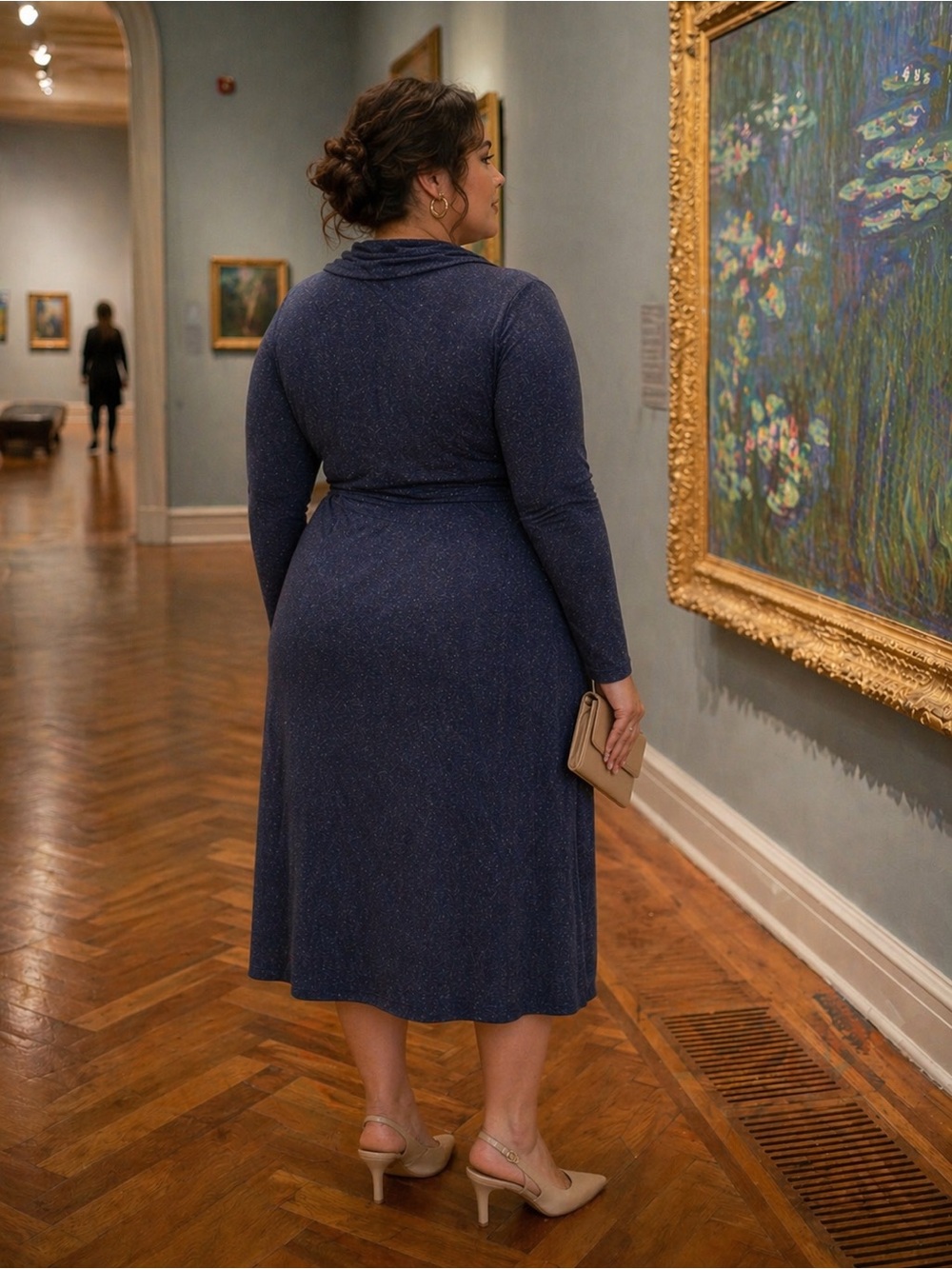 Market & Spruce Navy Shimmer Midi Dress | Long Sleeve Tie Waist Dress | Elegant - Picture 7 of 8